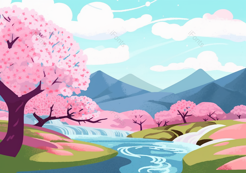 小河流水浪漫樱花插画背景图,插画/手绘图,插画/手绘图库,插画/手绘图下载,插画/手绘